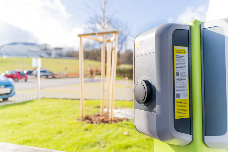 E-Ladestation und junger Baum auf der Grünfläche neben den Parkplätzen
